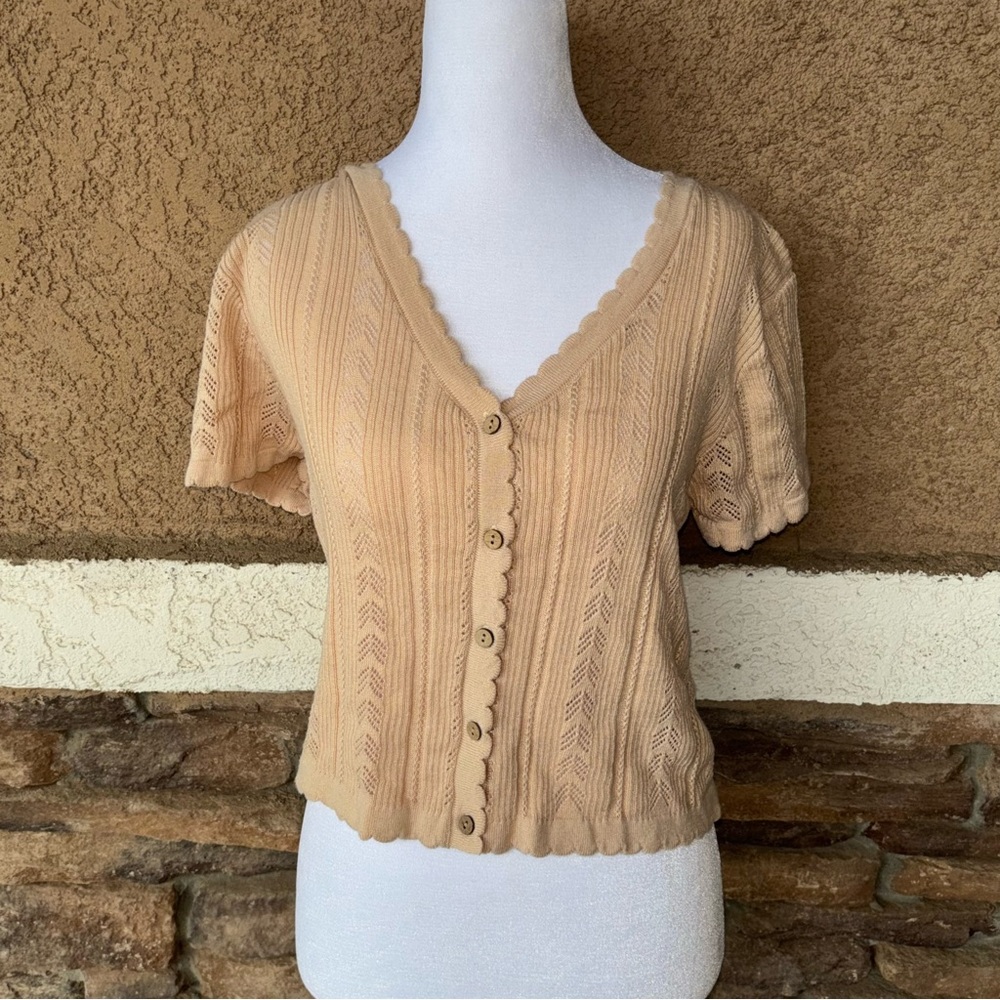 Elegant Beige Scalloped Button-Down Women's Top
